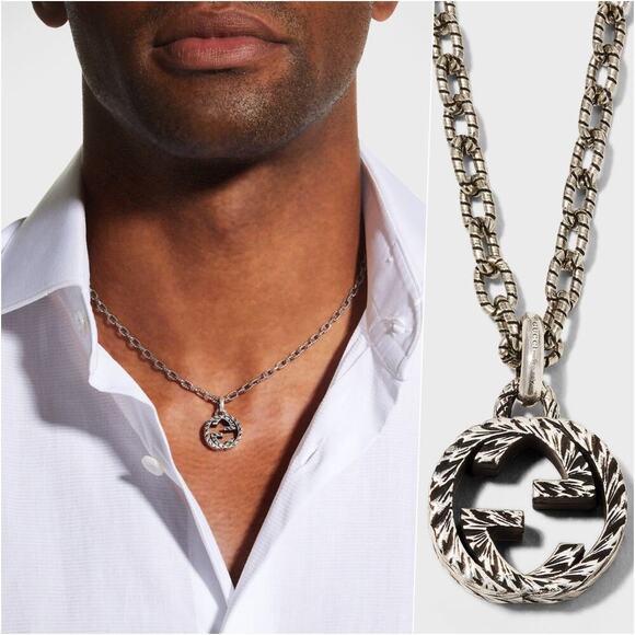 Gucci Mens Textured Interlocking G Logo Silver Necklace w/ Gift Box NWOT - Picture 1 of 15